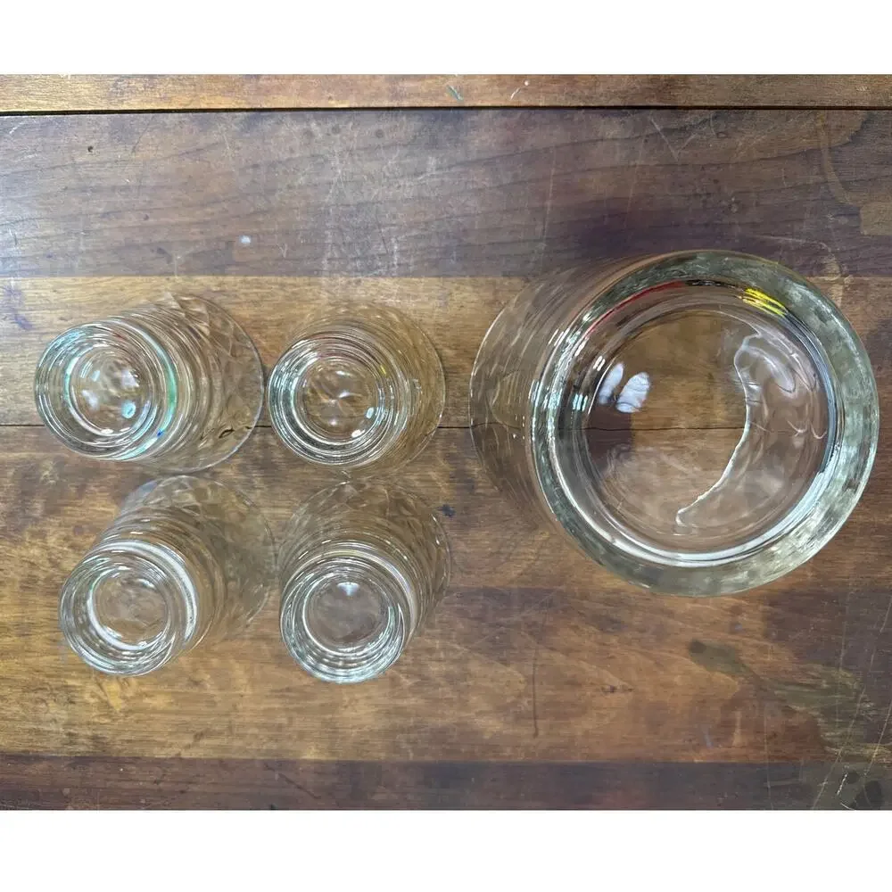 Glass Ice Bucket & 4 Cups Diamond Pattern Vintage Clear Thick Cut MCM Barware